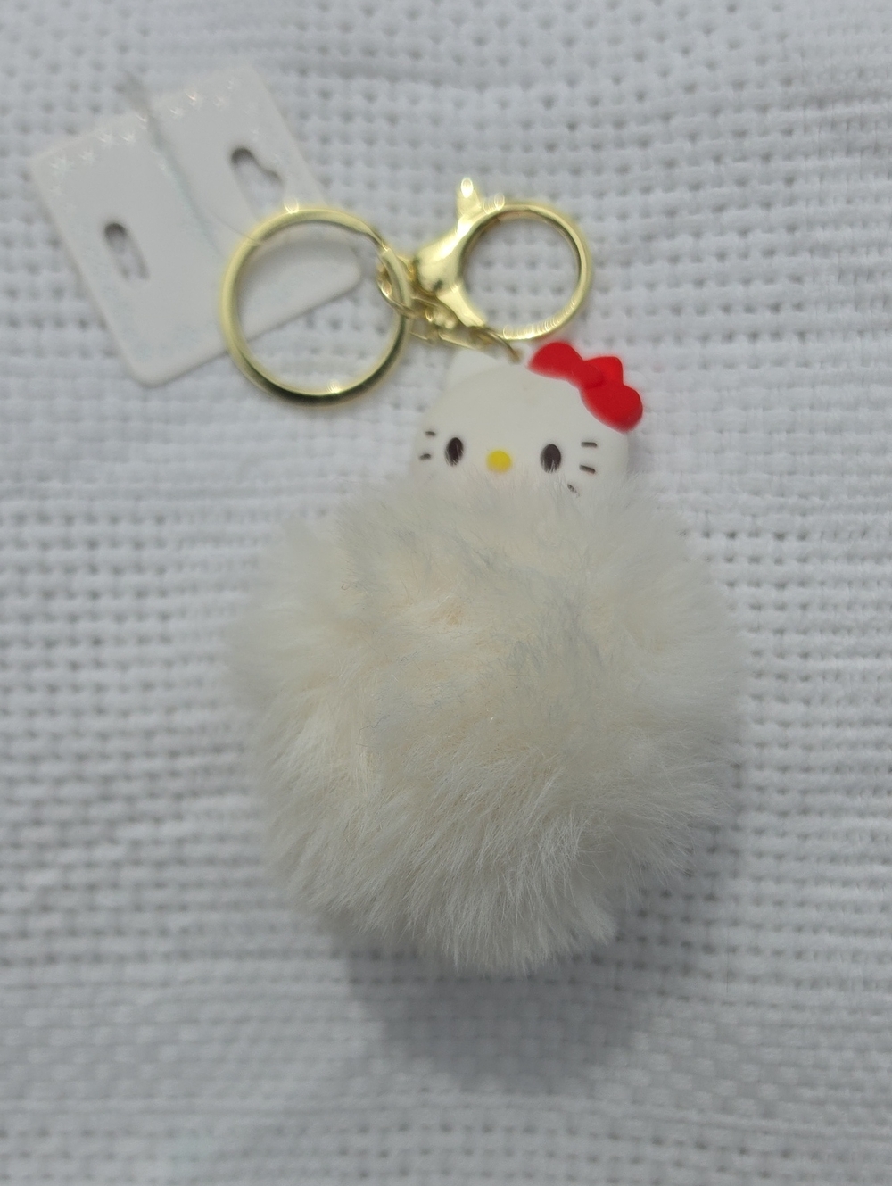 Hello Kitty White Fluffy Pom Keychain with Red Bow